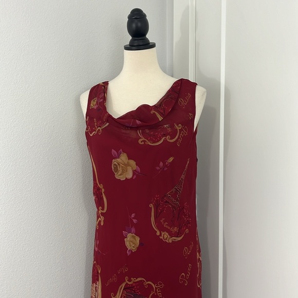 Vintage Y2K Meghan Matthews Size 14 Red Floral Asymmetrical Hem Cowl Maxi Dress - Picture 3 of 12